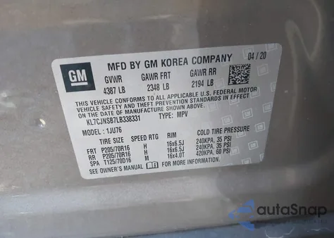 2020 Chevrolet Trax Awd Ls from USA, damaged, VIN KL7CJNSB7LB338331